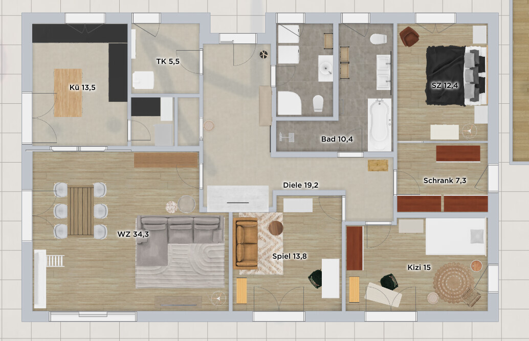 Grundriss einer Wohnung mit Küche, Wohnzimmer, Diele, Bad, Schlafzimmer, Kinder- und Spielzimmer.