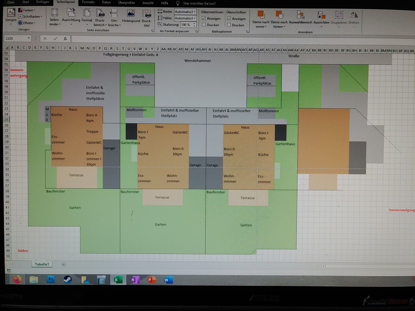 Grundriss eines Hauses in Excel mit Küche, Esszimmer, Wohnzimmer, Büro, Terrasse und Garten.