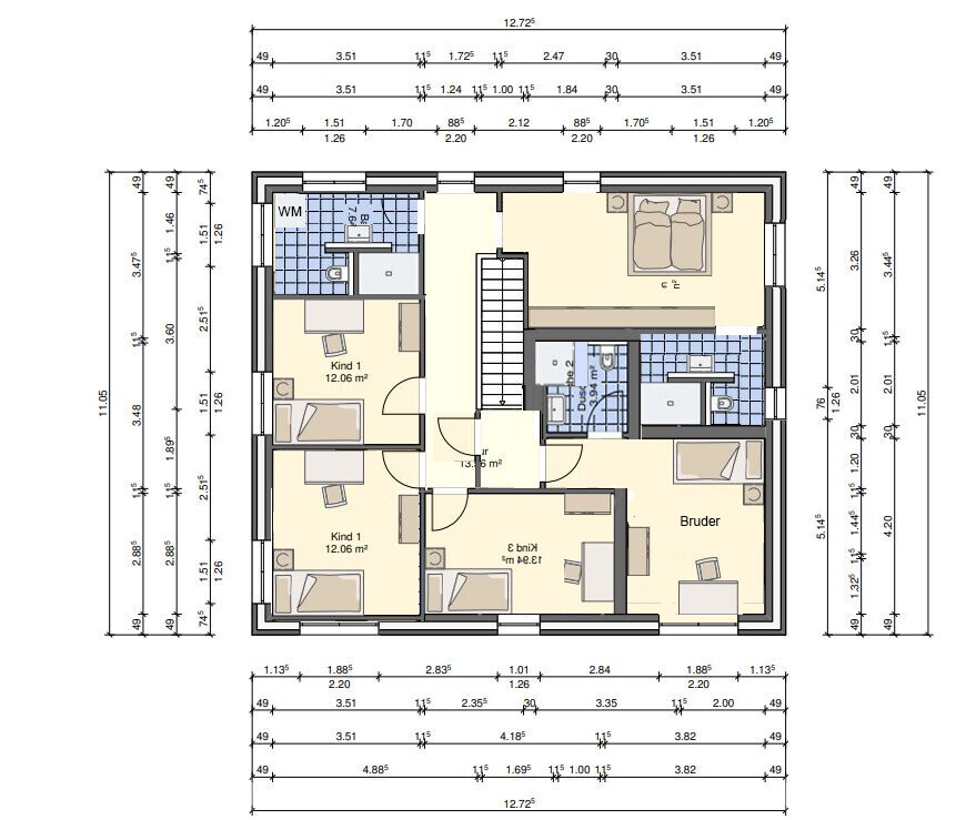 Grundriss eines Hauses mit mehreren Schlafzimmern, Bad, Treppe und Flur.