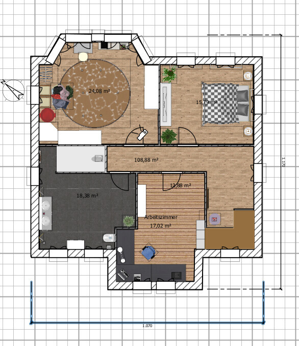 Grundriss eines Hauses mit Wohnzimmer-Teppich (rund) Schlafzimmer, Arbeitszimmer, Küche, Bad und Flur.