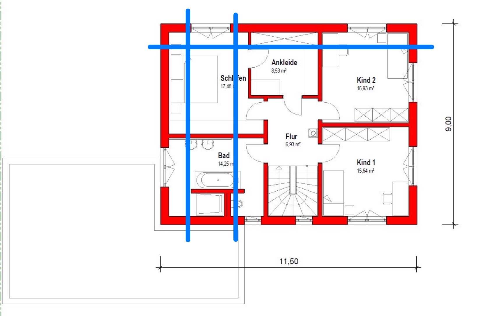 Grundriss eines Hauses mit Schlafen, Ankleide, Bad, Flur, Kind 1, Kind 2; rote Wände, blaue Linien