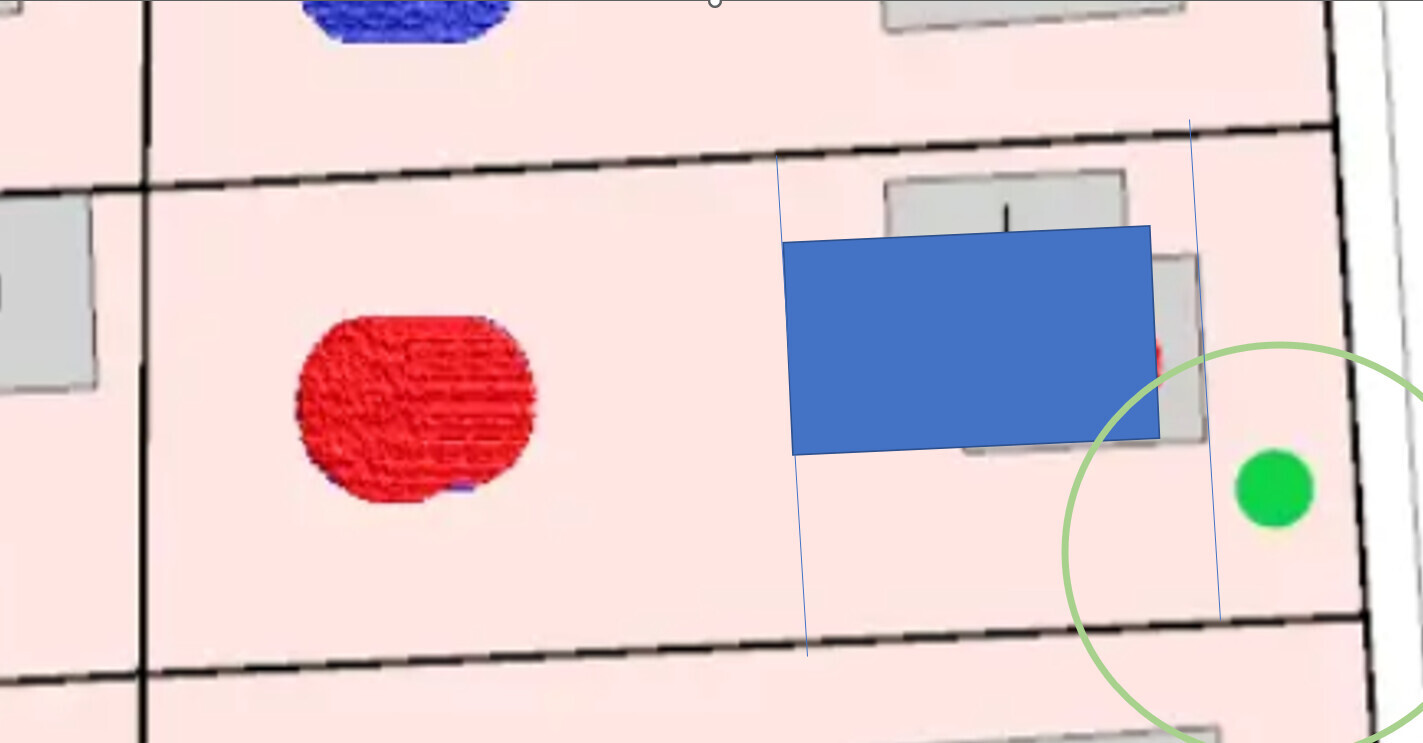 Grundriss eines Raums: roter Kreis, blaues Rechteck über Möbeln, grüner Punkt.