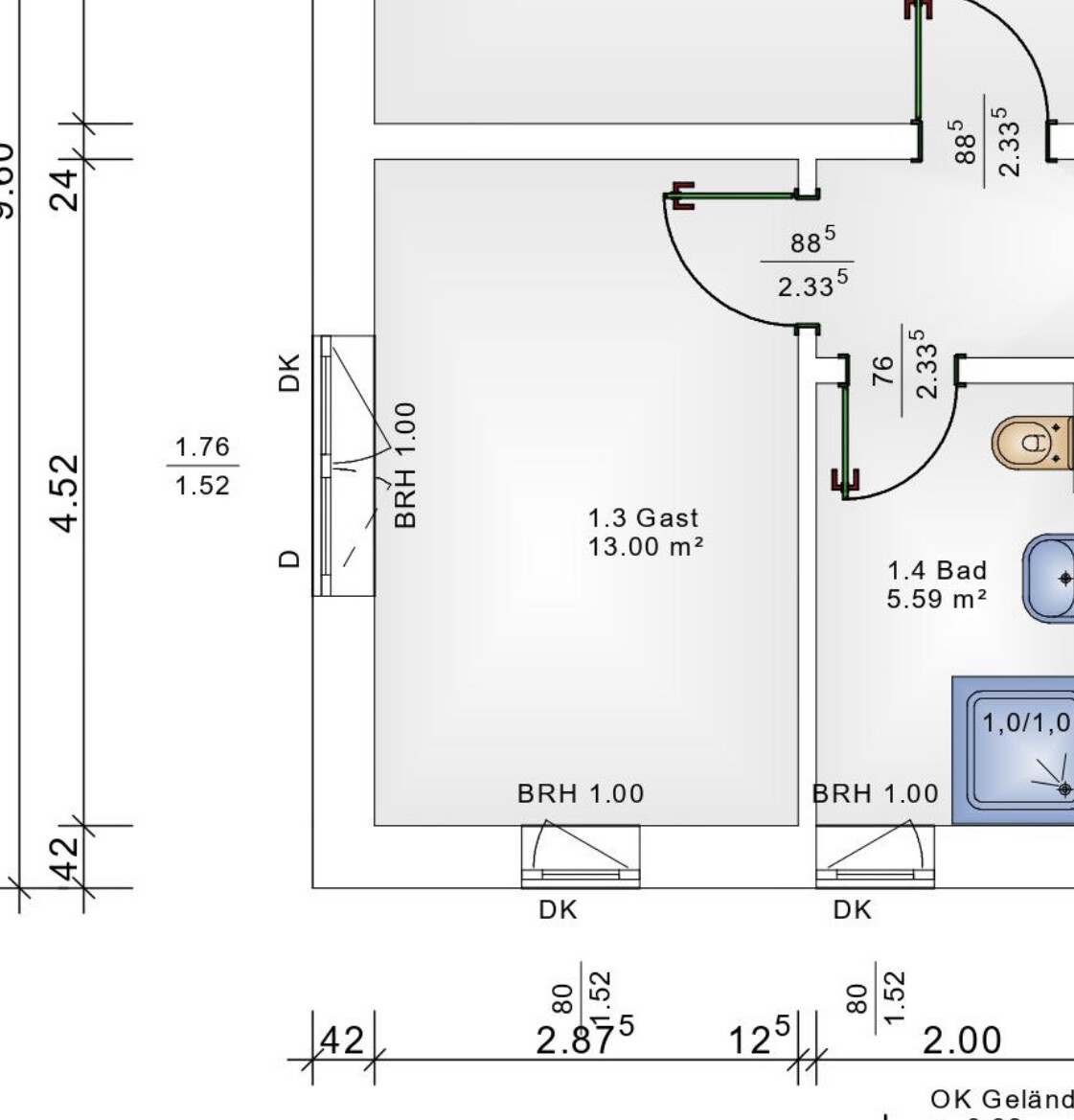 Grundriss: Gästezimmer 13 m² und Bad 5,59 m² im Plan, Türen und Fenster sichtbar.