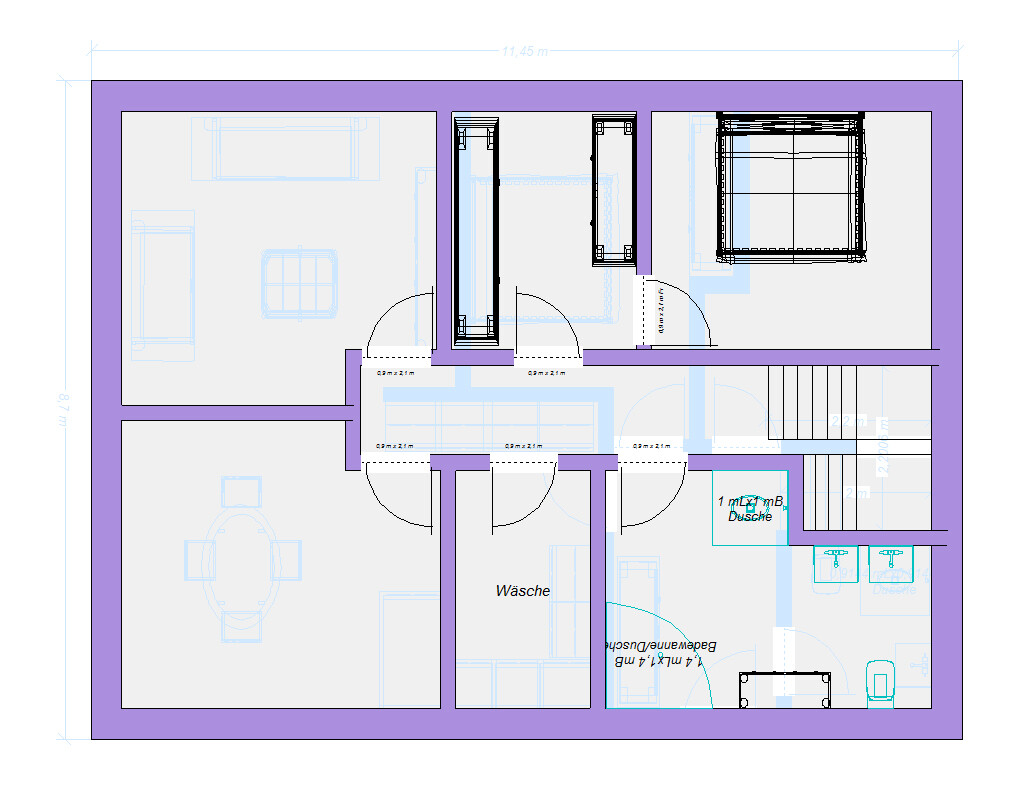 Grundriss eines Wohnhauses von oben mit Türen, Treppen, Dusche und Wäsche.