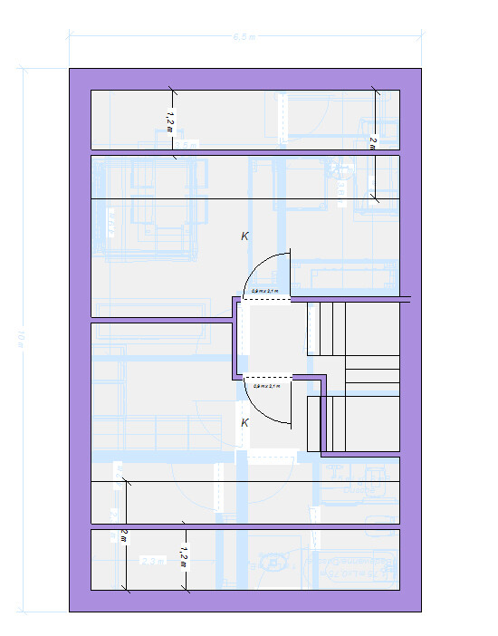 Zweidimensionaler Grundrissplan eines Hauses mit Treppenhaus und Türen, violetter Rahmen.