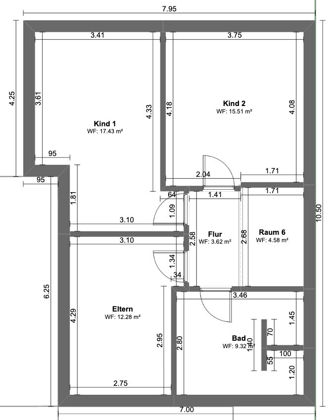 Grundriss eines Hauses mit Eltern-, Kind 1- und Kind 2-Zimmern, Flur und Bad.
