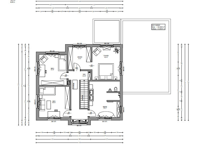 2D-Hausgrundriss mit Schlafzimmer, Bad, Küche und Treppen im Grundriss