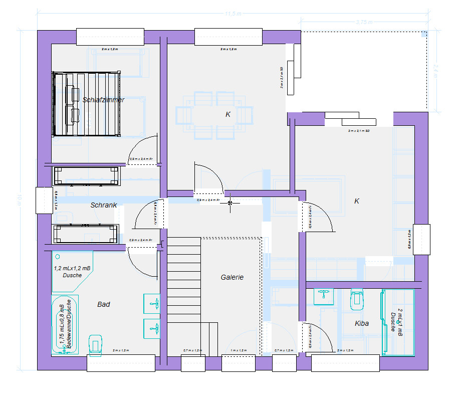 Grundriss: Schlafzimmer links, Bad links unten, Küche Mitte, Zimmer rechts, Galerie/Treppen.