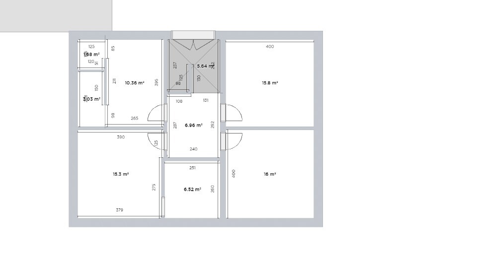 Grundriss eines Gebäudeteils mit mehreren Zimmern, Türen und Flächenangaben in m².