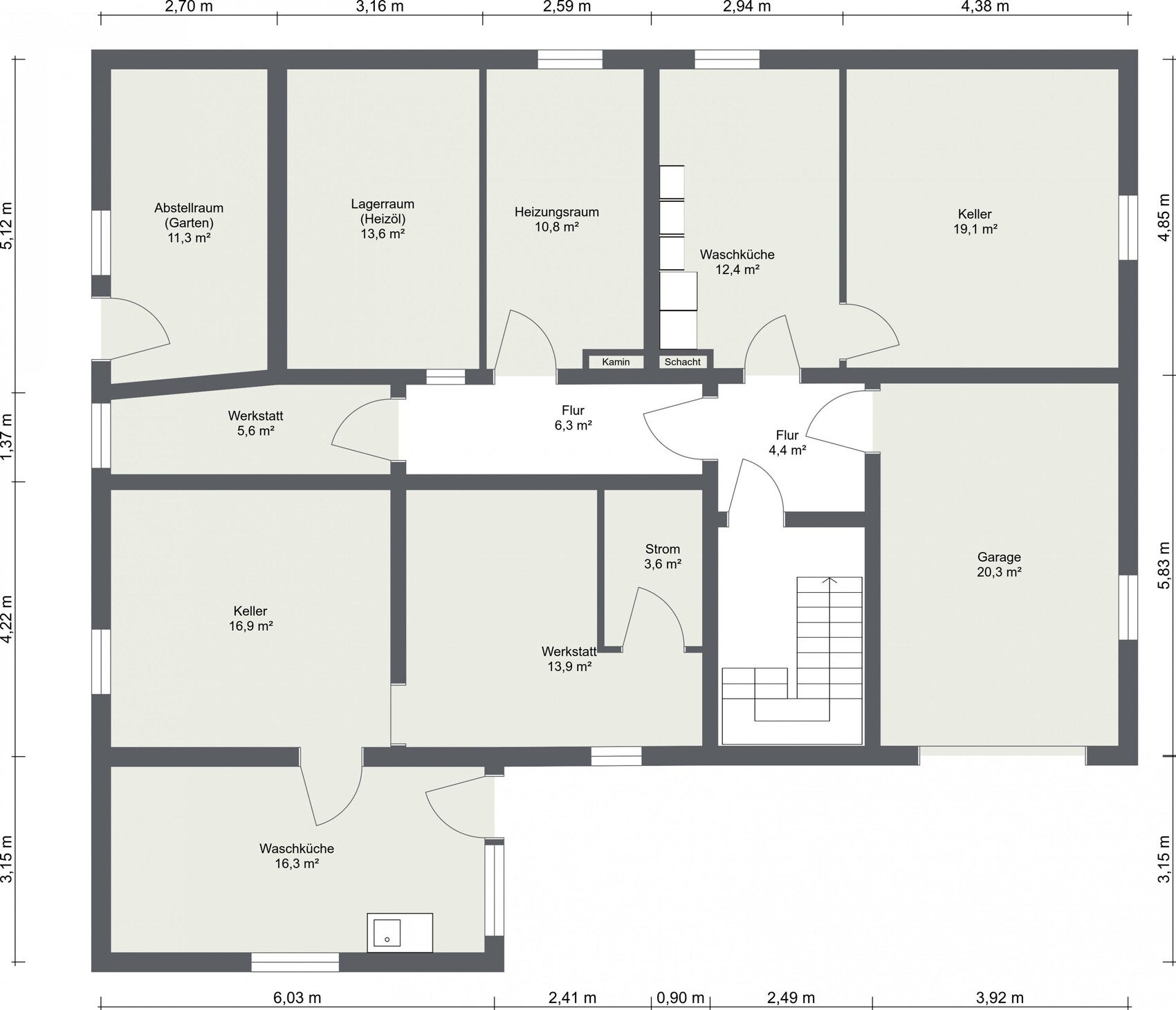 2D-Grundriss eines Hauses mit Kellern, Werkstätten, Waschküche und Garage