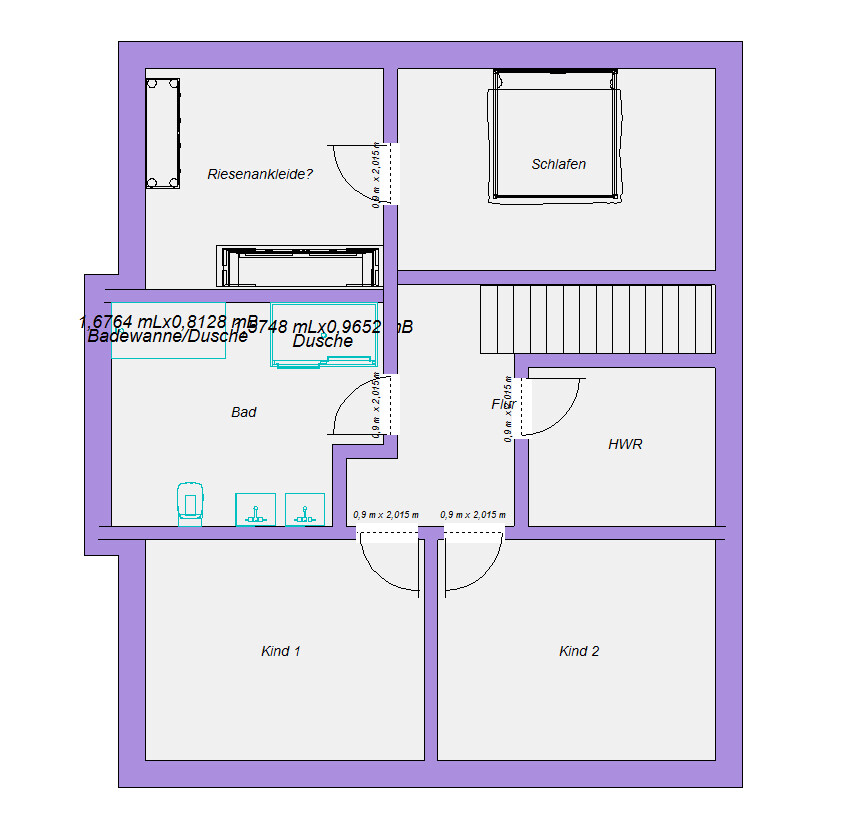 Grundriss eines Hauses mit Schlafen, Bad, Flur, HWR und zwei Kinderzimmer.
