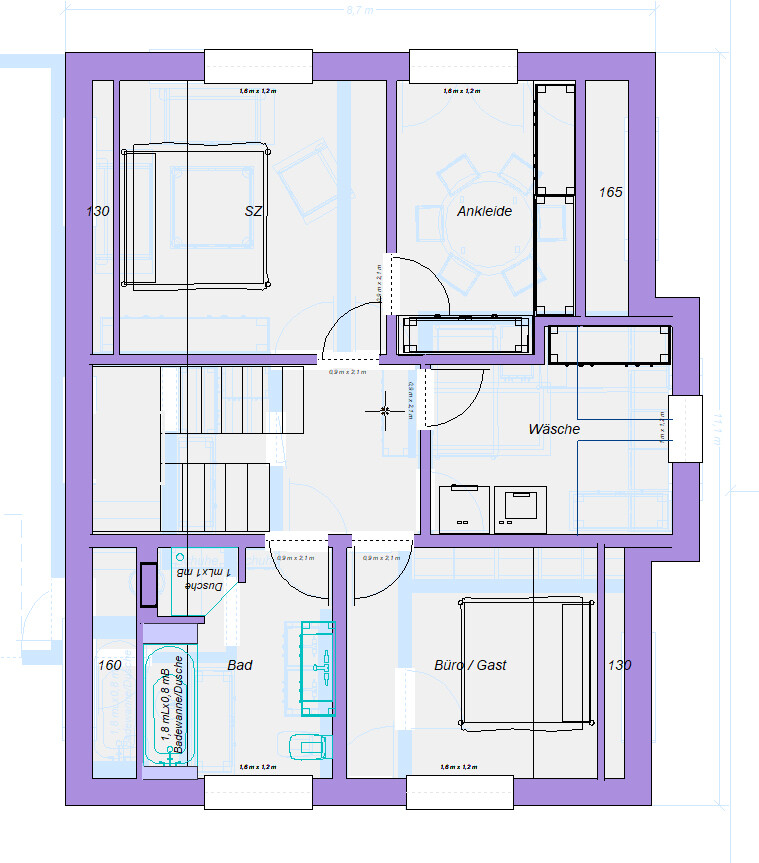 Grundriss eines Apartments mit Schlafzimmer, Ankleide, Wäsche, Bad und Büro/Gast.