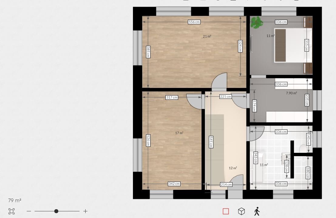 Grundriss einer Wohnung mit mehreren Raeumen, Tueren und Quadratmeterangaben.