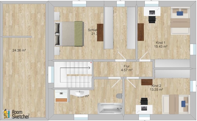 Grundriss eines Hauses mit Treppenhaus, Flur, Bad, Schlafzimmer und zwei Kinderzimmer.