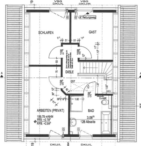 Grundriss-Dachgeschoss: Schlafen, Gast, Arbeiten (Privat), Diele, Bad, Treppe.