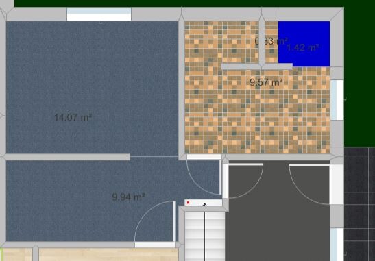 Grundriss eines Raums mit drei Bereichen: links 14.07 m², unten 9.94 m², zentral 9.57 m² Fliesen.