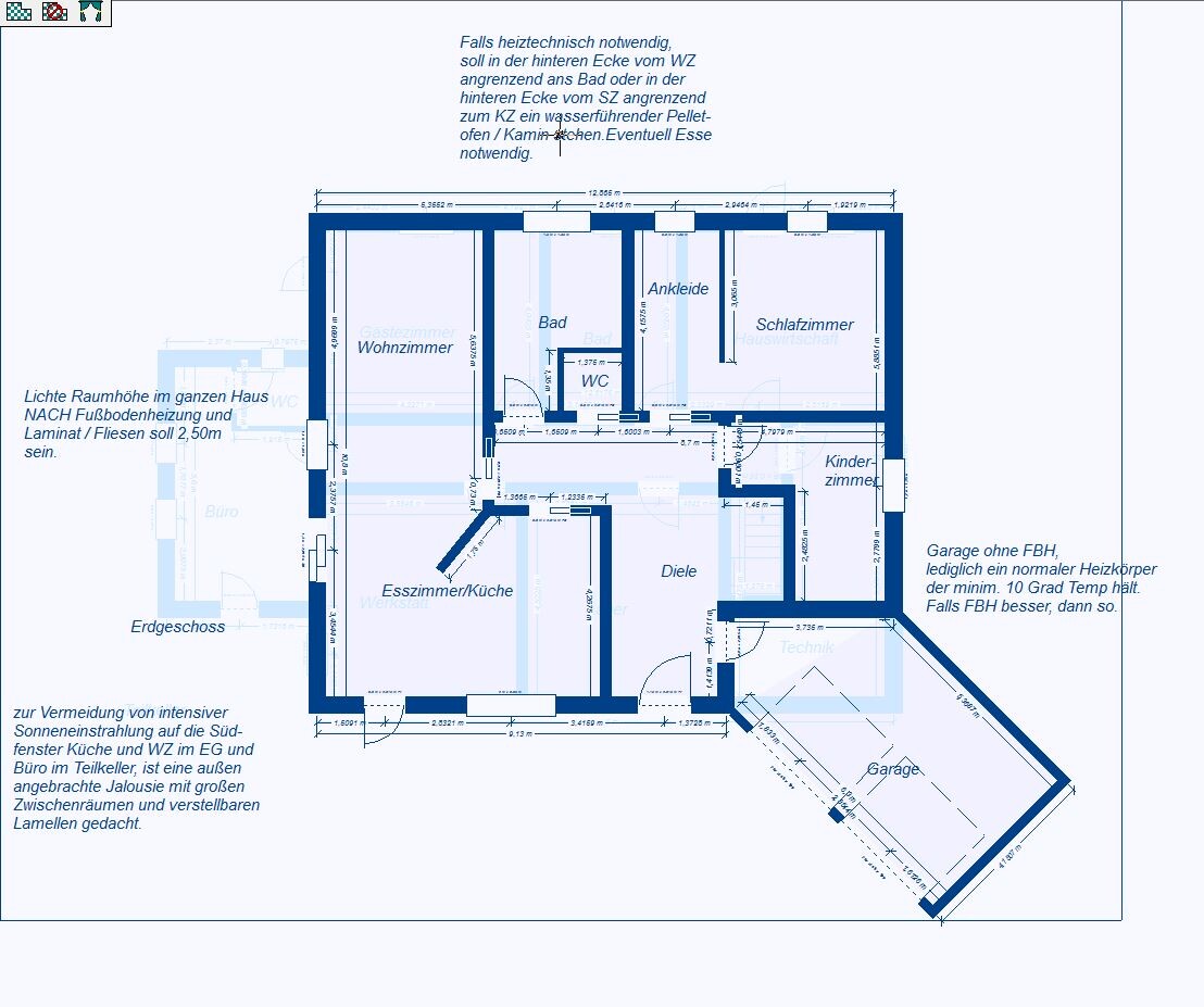 Grundriss eines Hauses mit Wohnzimmer, Esszimmer/Küche, Bad, WC, Diele, Schlafzimmer, Garage.