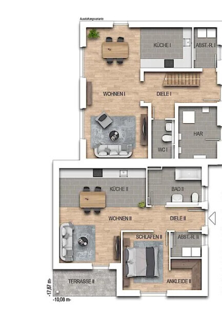 2D-Grundriss eines Hauses mit Wohnzimmer, Küche, Flur und Schlafzimmer.