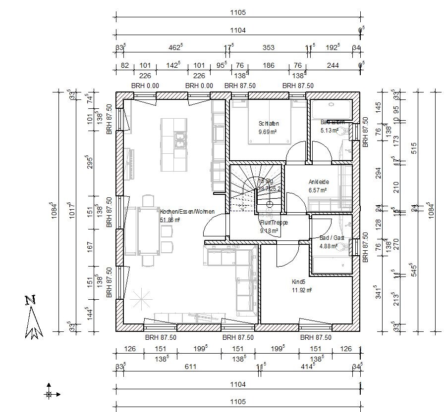 Grundriss eines Einfamilienhauses mit Küche/Essen/Wohnen, Schlafen, Kind, Bad, Flur und Treppe.