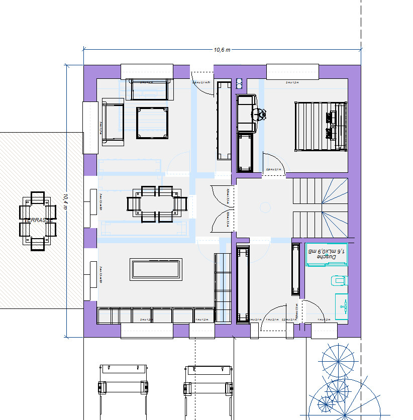 Grundriss eines Hauses: Wohnzimmer, Essbereich, Küche, Schlafzimmer, Bad, Treppenhaus und Terrasse.