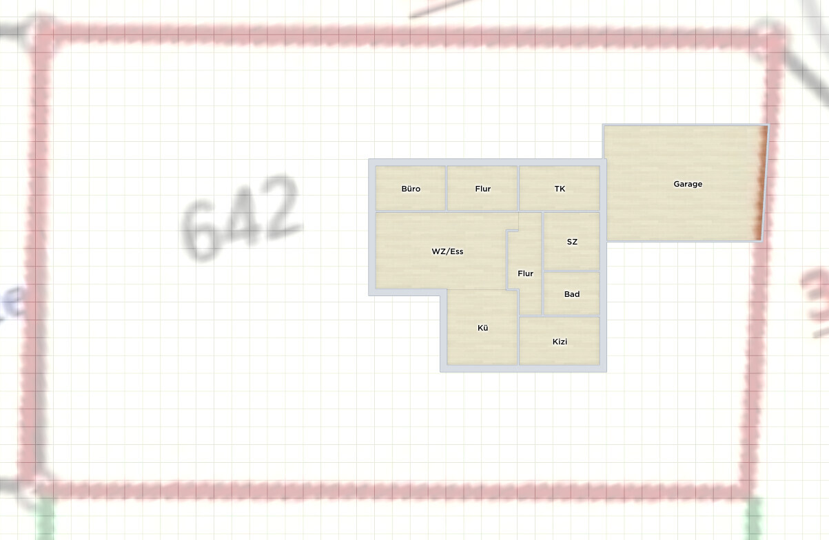 Grundriss eines Hauses mit WZ/Ess, Küche, Schlafzimmer, Kinderzimmer, Bad, Büro, Flur, Garage.