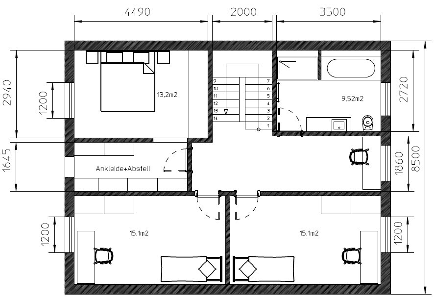 2D-Grundriss eines Hauses mit Schlafzimmern, Bad und Treppenhaus