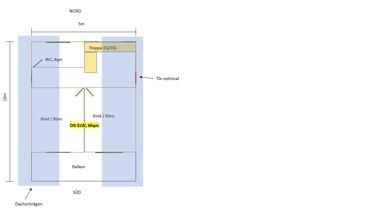 Zweigeschossiger Grundriss: zwei Kind/Büro Räume, WC 4qm, Treppe, Balkon, OG ELW 30qm, Tür (Nord/Süd).