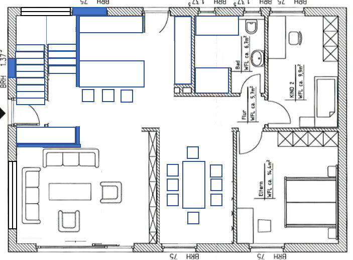 2D-Grundriss eines Hauses mit Wohnzimmer, Küche, Essbereich, Bad und Schlafzimmer