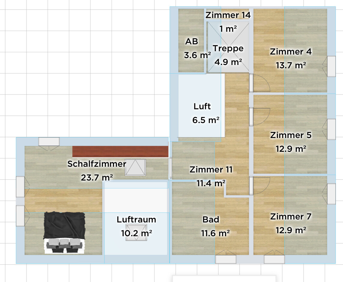 2D-Grundriss eines Hauses mit Schlafzimmern, Zimmern, Bad und Treppen