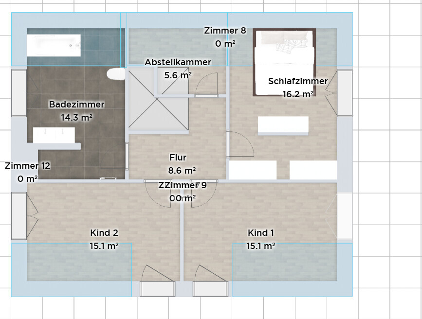 Grundriss einer Wohnung mit Badezimmer, Schlafzimmer, zwei Kinderzimmer, Flur und Abstellkammer.