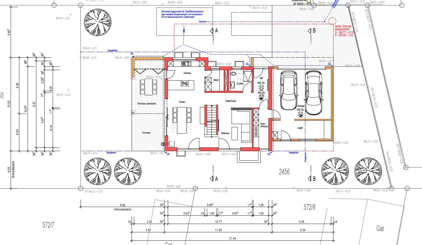 Detaillierter Hausgrundriss: Wohnen, Küche, Essen, Terrasse, Diele und Garage mit zwei Autos