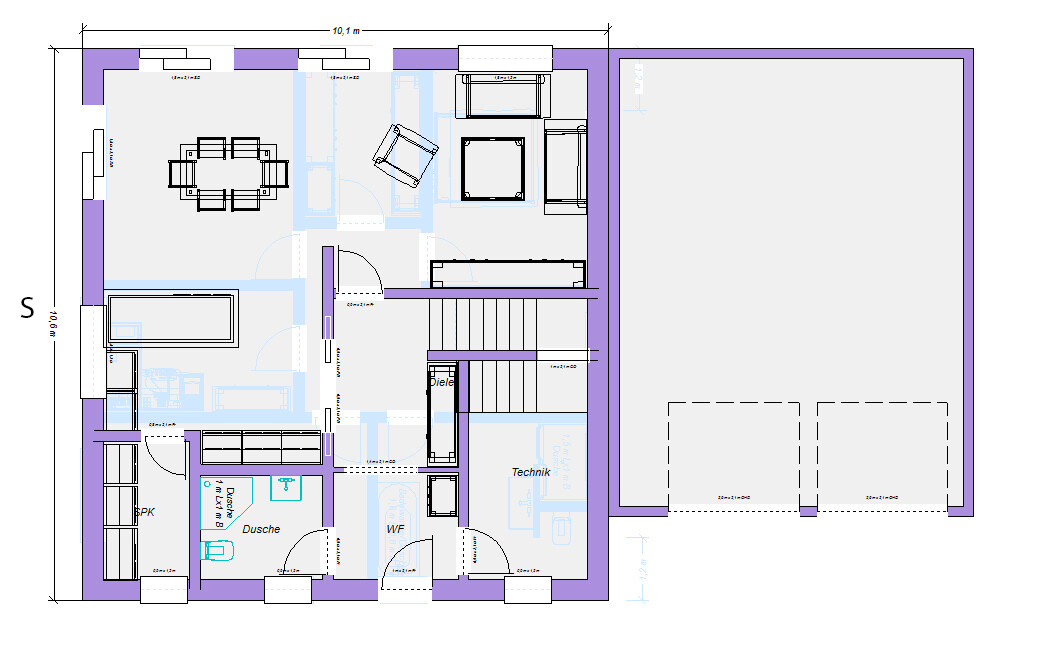 Grundriss eines Hauses: Wohn- und Essbereich links, Küche, Bad, Technik, Treppe, Garage rechts.