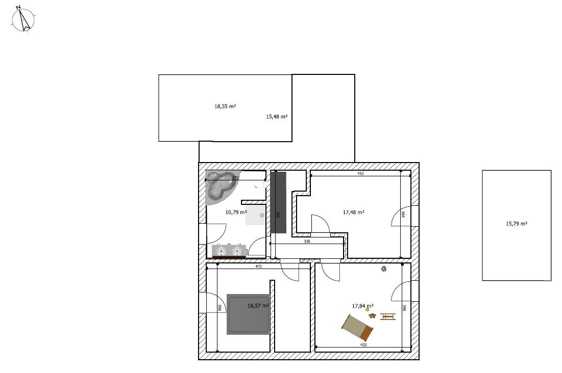 Grundriss eines Mehrzimmer-Apartments mit Bad, Küche, Wohnzimmer, Schlafzimmer, Kompass