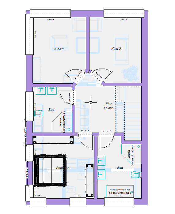 2D-Grundriss eines Hauses mit Schlafzimmer, Bad, Flur und zwei Kinderzimmern