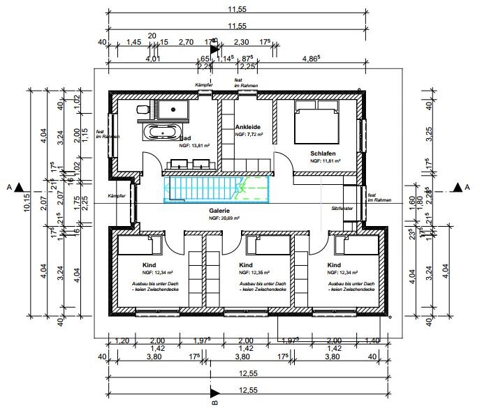 Grundriss eines Hauses mit Schlafzimmer, Bad, Ankleide, Galerie und drei Kinderzimmer.