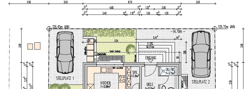 2D-Hausgrundriss mit Eingangsbereich, Küche, Wohn- und Schlafräumen sowie Parkplätzen