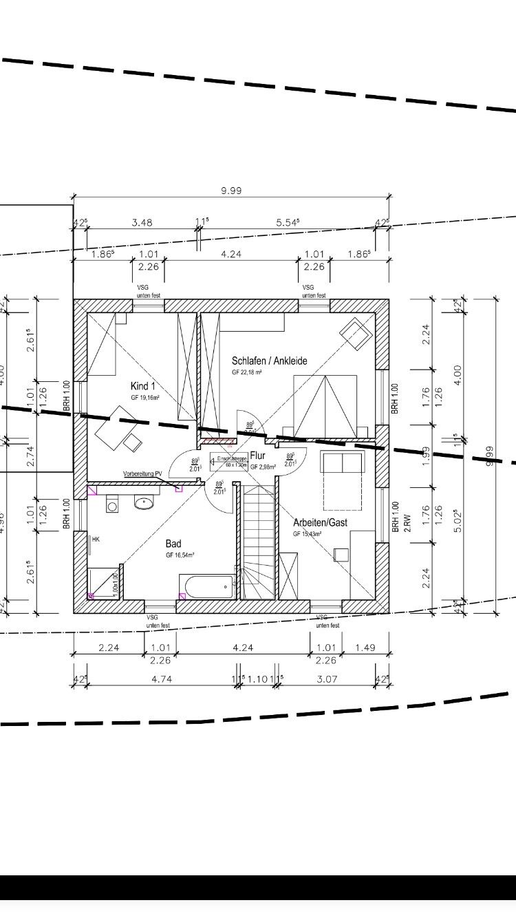 2D-Grundriss eines Hauses mit Schlafzimmer, Bad, Flur und Küche