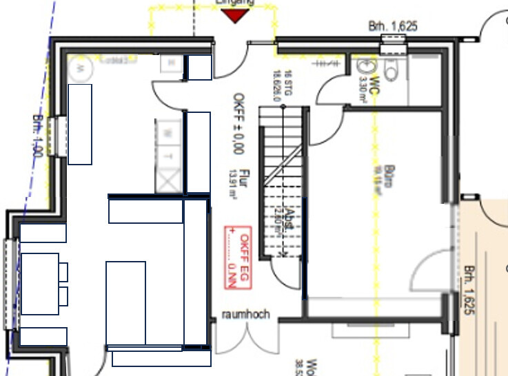 2D-Grundrissplan eines Hauses mit Treppenhaus und Zimmern