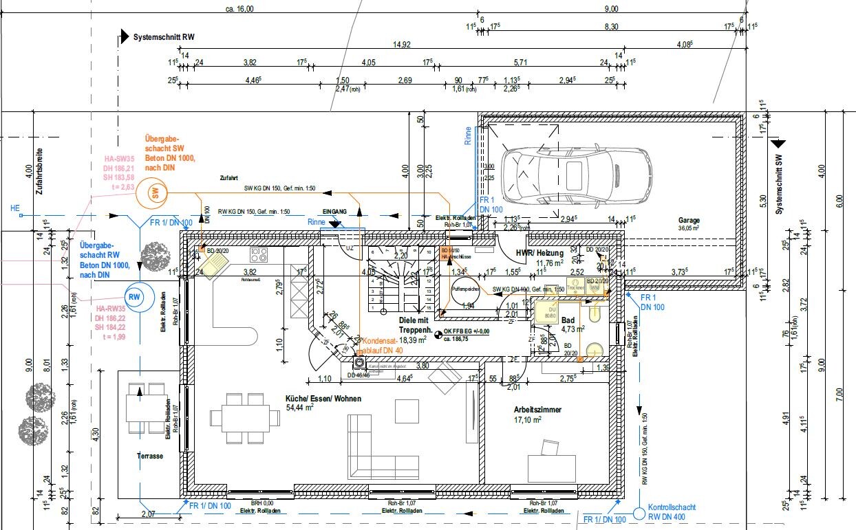 2D-Grundriss eines Einfamilienhauses mit Küche, Wohnen, Bad, Arbeitszimmer, Garage und Terrasse