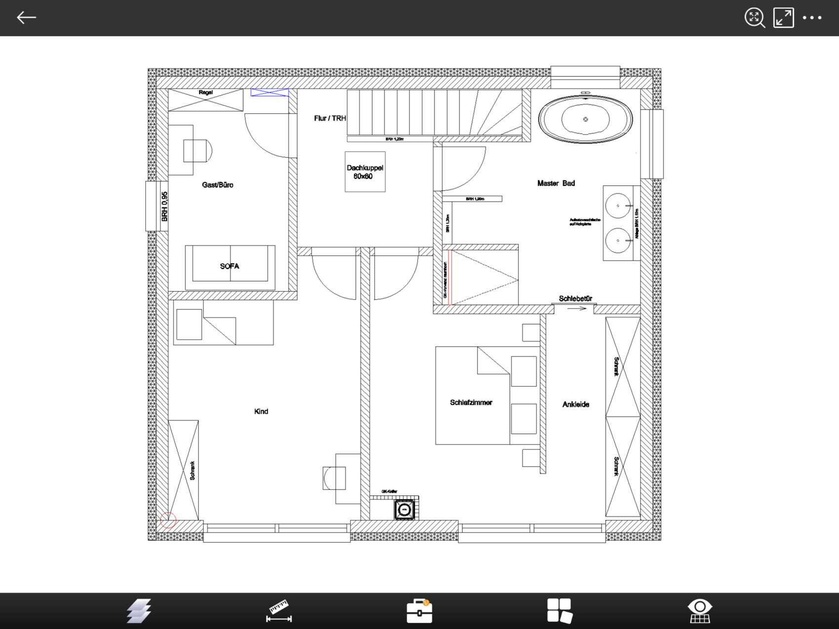 Grundriss eines Hauses mit Schlafzimmer, Ankleide, Master Bad, Gäste/Büro, Kindzimmer, Flur, Treppe.