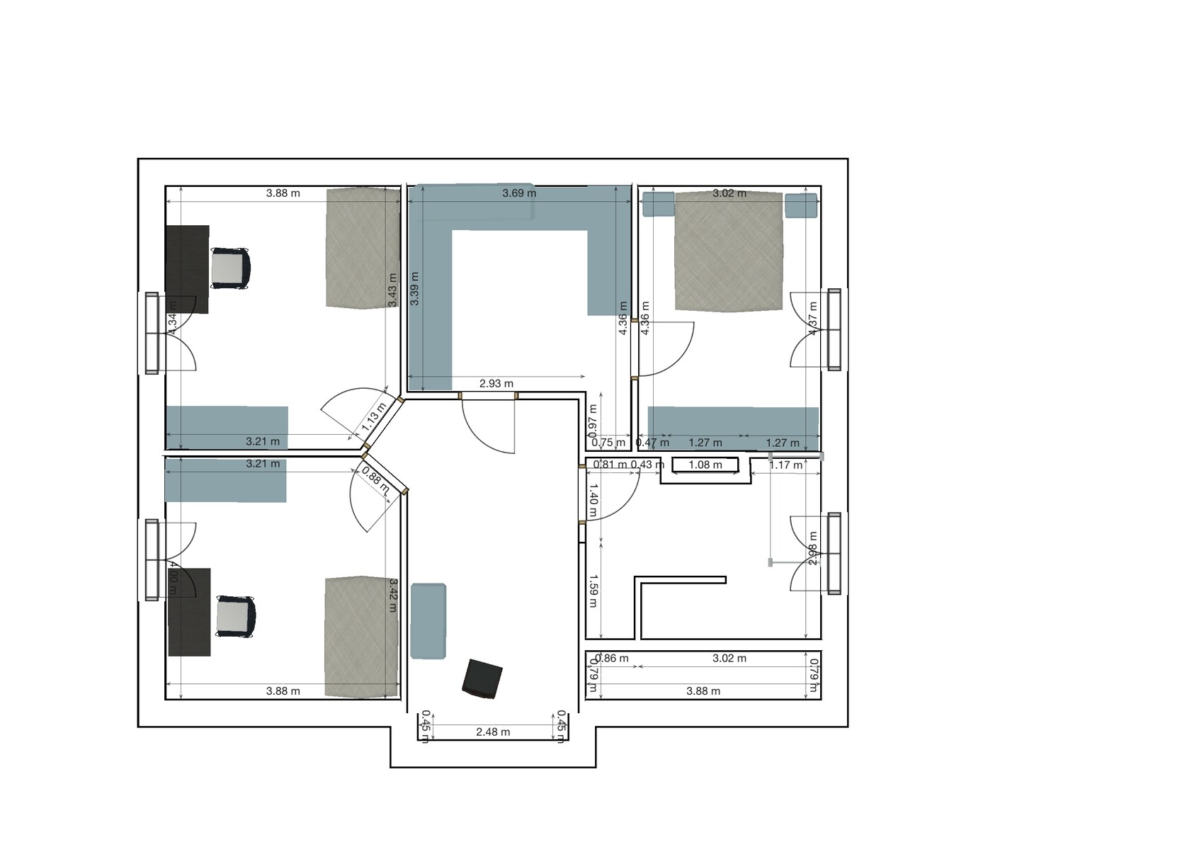Grundriss eines Mehrzimmerhauses mit Betten, Tischen und Sofas.