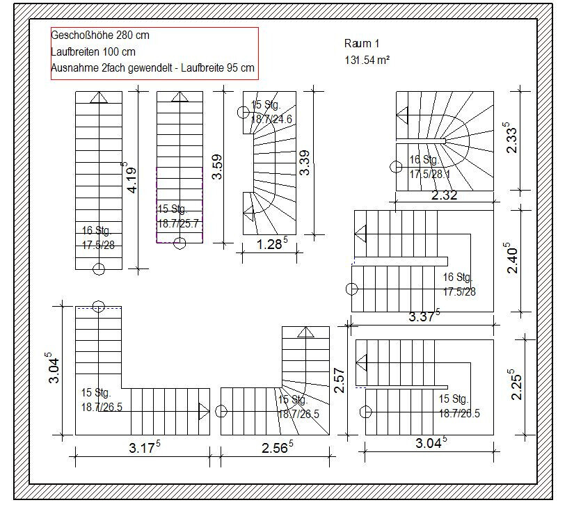 Grundriss eines Geschosses mit Treppen, Abmessungen und Raum 1 (131,54 m²)