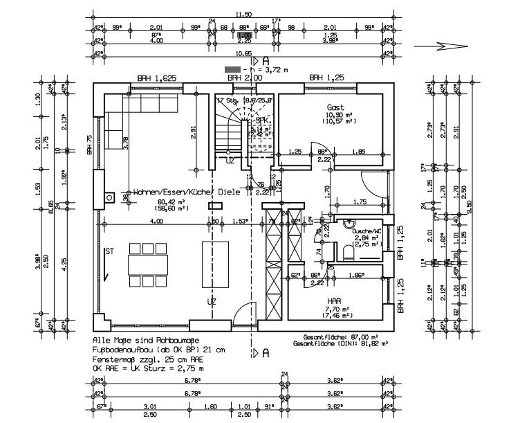 Grundriss eines Hauses: Wohnen/Essen/Küche, Diele, Gast, HAR, Bad, Treppe