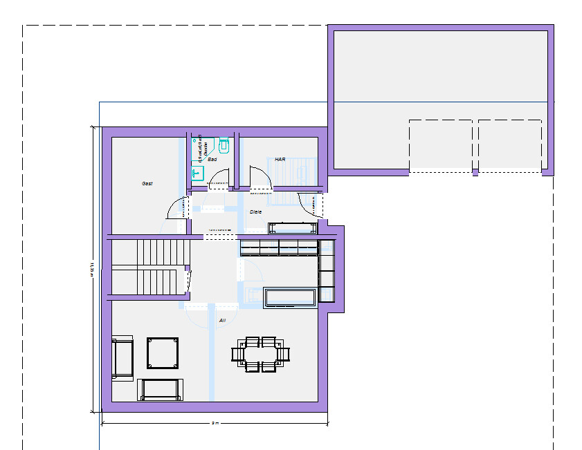 Grundriss eines Hauses: Wohnzimmer, Küche, Flur, Bad, Gästezimmer und Treppenhaus.