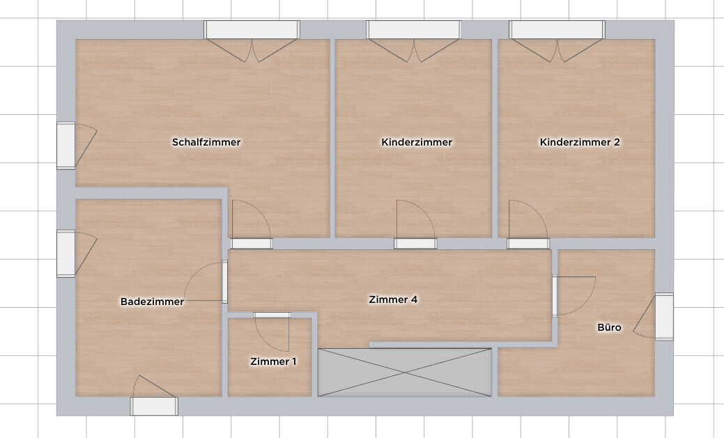 Grundriss eines Hauses mit Schlafzimmer, zwei Kinderzimmer, Badezimmer, Büro, Zimmer 1 und Zimmer 4.