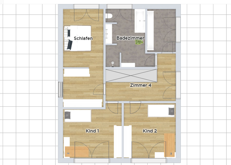 Grundriss eines Apartments mit Schlafzimmer, Badezimmer, Zimmer 4 und zwei Kinderräumen von oben.