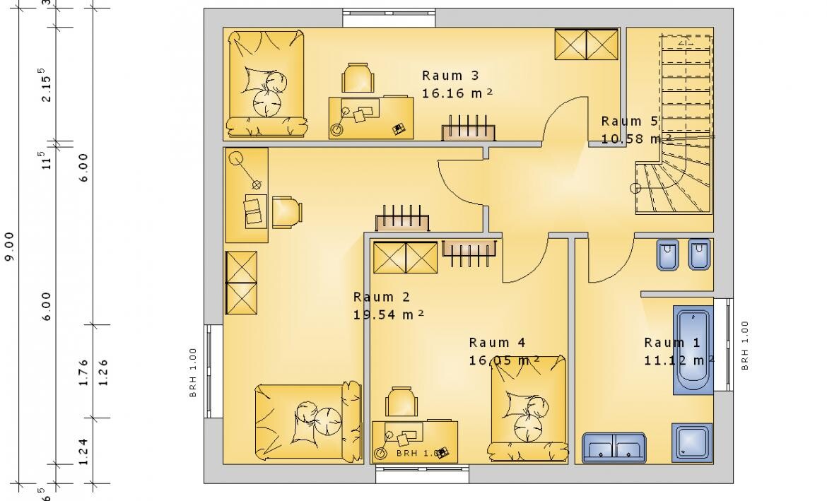 2D-Grundriss eines Hauses mit fünf Räumen, Treppe, Bad, Küche und Eingangsbereich.