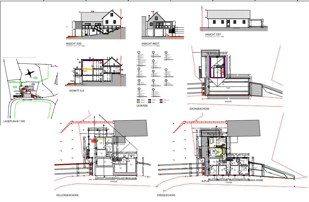 Architekturpläne eines Hauses: Grundrisse, Schnitte und Ansichten (Süd/West/Ost) inkl. Lageplan.