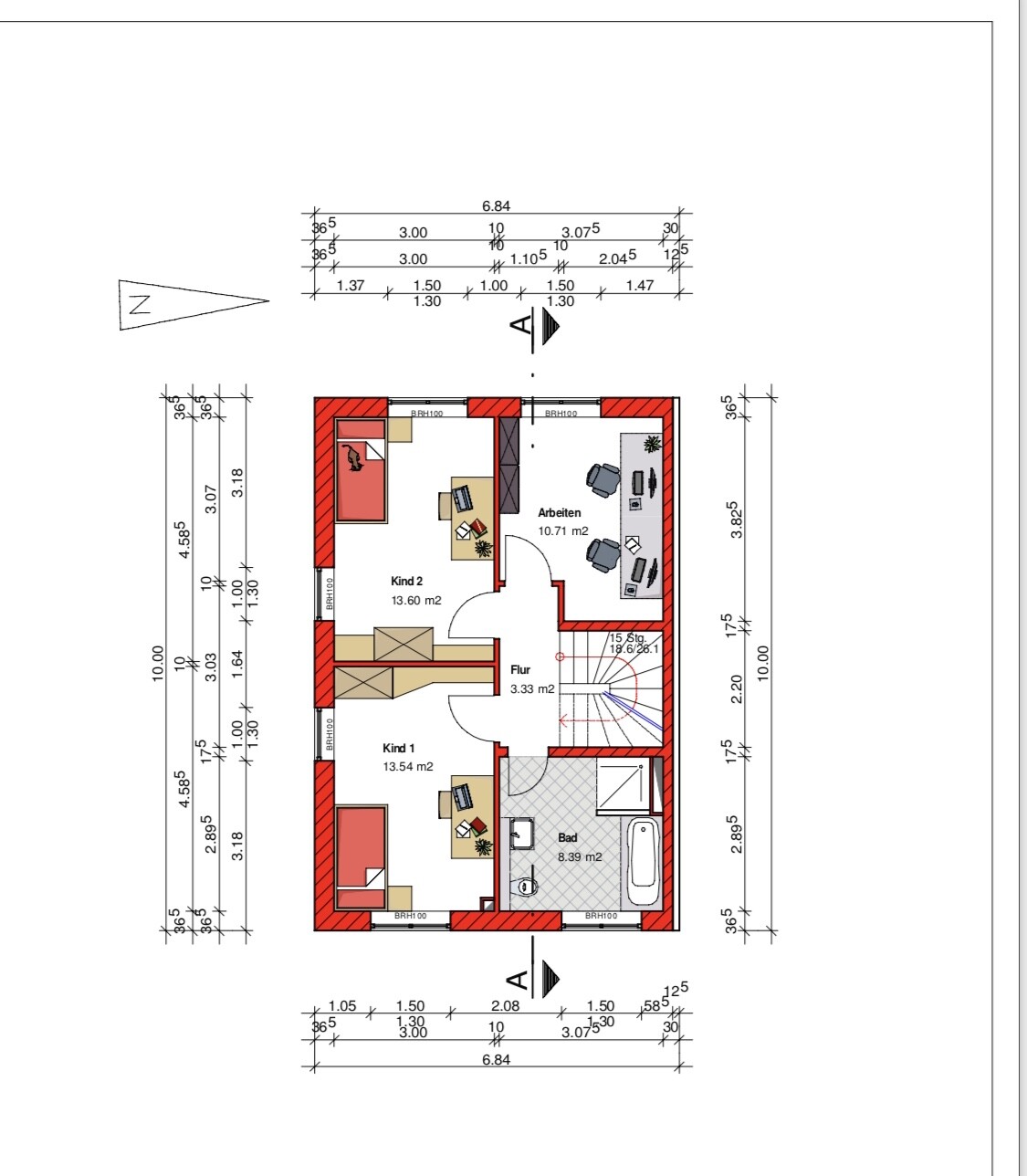 Grundriss eines Hauses mit Flur, Bad, Arbeitszimmer und zwei Kinderzimmer.