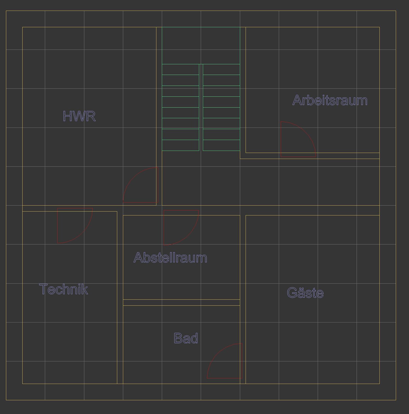 Grundrissplan eines Hauses mit Arbeitsraum, HWR, Abstellraum, Bad und Gästezimmer